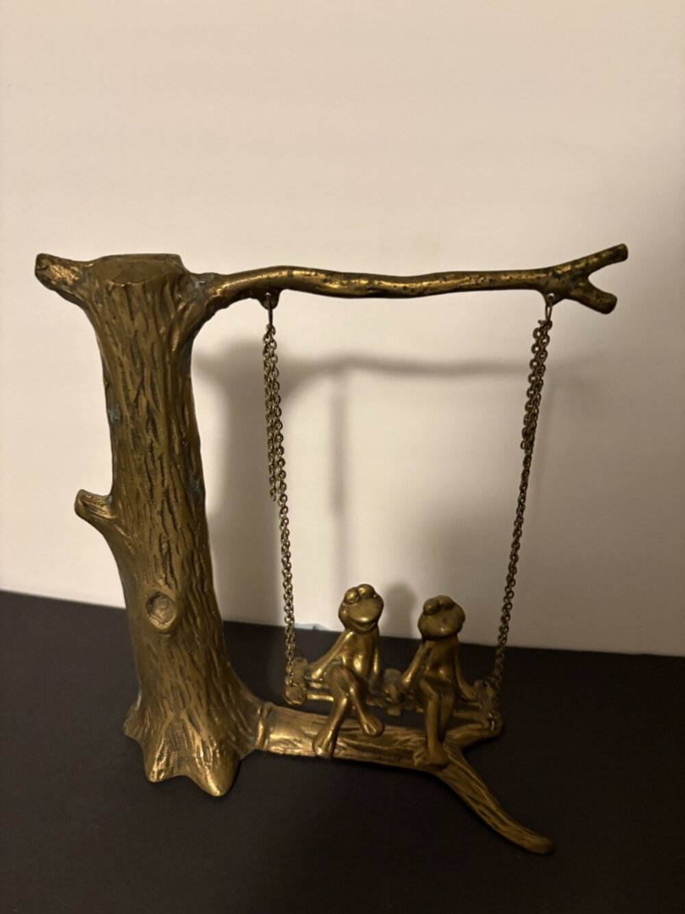 Vintage Brass Frogs Relaxing on Tree Swing Sculpture Figurine